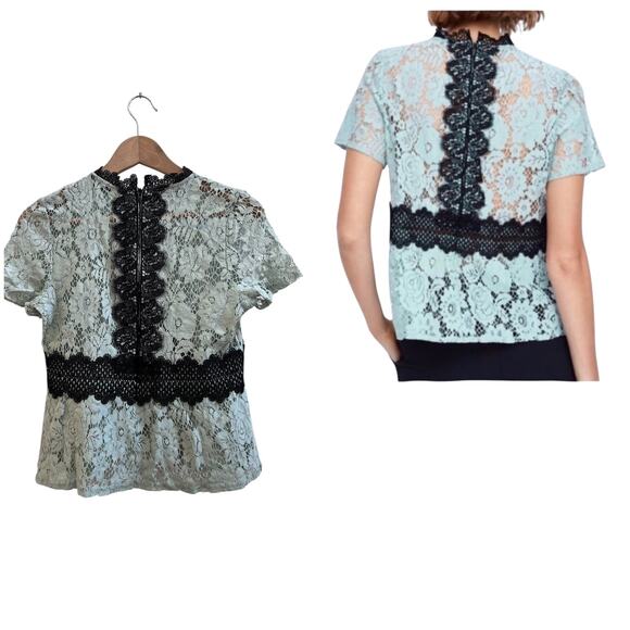 Zara Seafoam Green Black Crochet Embroidered Detail Sheer Peplum Blouse Small - Picture 3 of 12